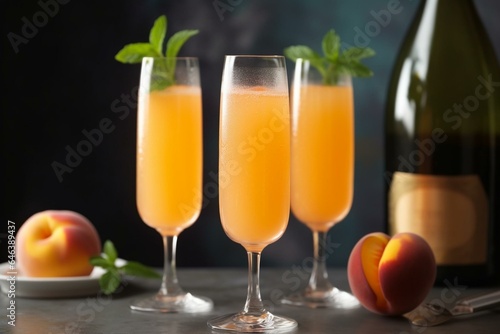 Refreshing peach or bellini mimosas perfect for brunch. Generative AI