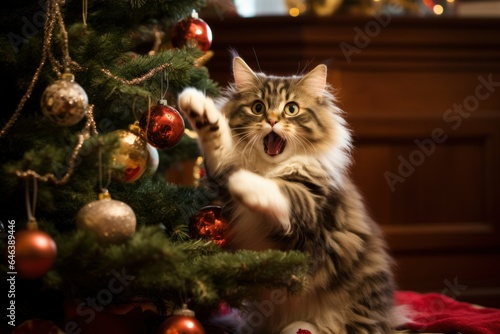 christmas concept. hooligan cat wants to drop the Christmas tree