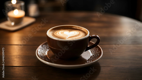 This photo shows a top down view of a glossy ceramic coffee cup containing dark brown coffee. On the surface is a heart shape made with creamy white foamed milk.