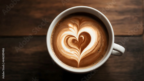 A top-down photograph of a smooth ceramic cup containing dark brown coffee topped with a foamed milk heart design in creamy white. The cup rests on a wooden table with subtle natural grain and texture