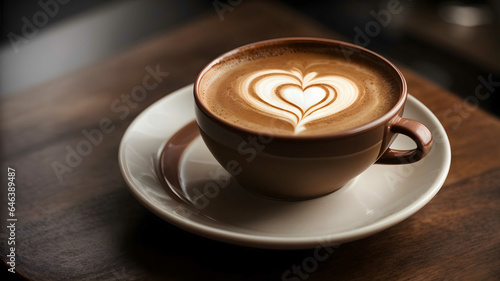 An overhead shot of a ceramic coffee cup with a foamed milk heart design on top of the dark brown coffee. The creamy white heart contrasts against the dark background. 