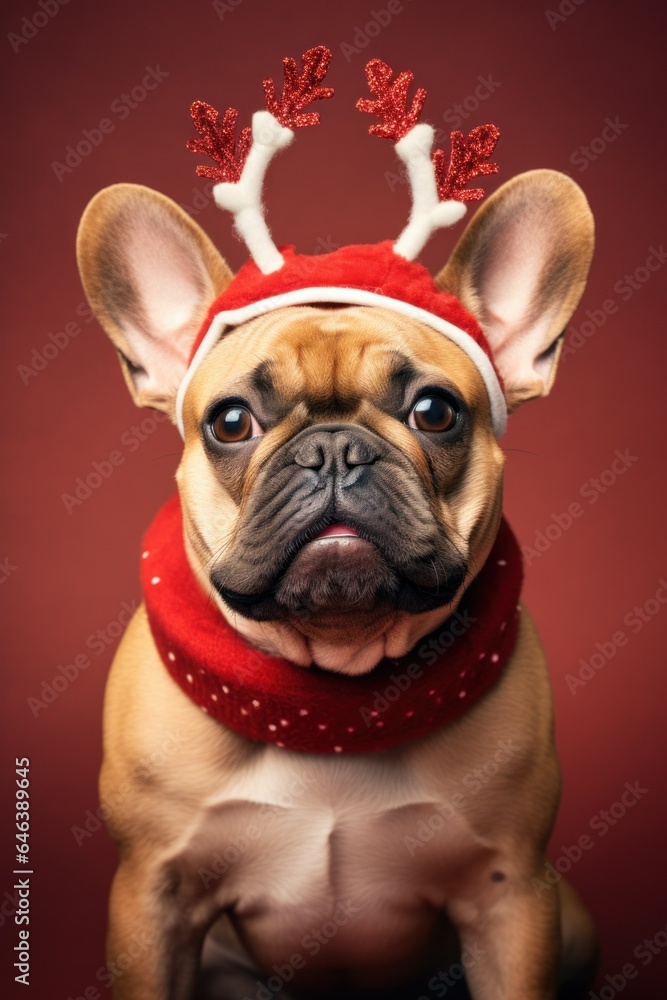 vertical photo Christmas and New Year concept. french bulldog with christmas reindeer antlers