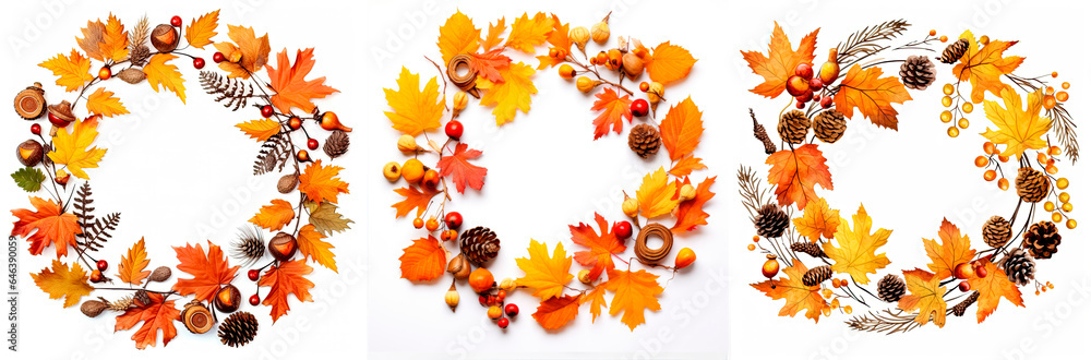 Fototapeta premium Wreaths from autumn Elements on a white background, Decor for thanks card, invitations, posters, generative ai