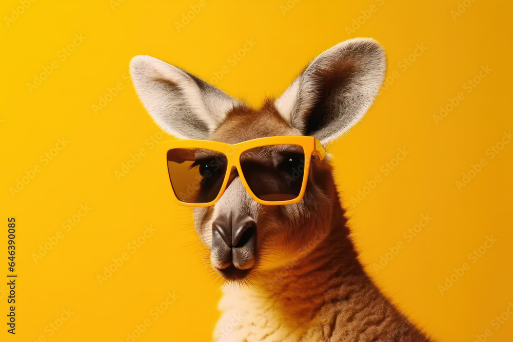 With a touch of fashion, kangaroo flaunts its unique personality in sunglasses and scarf, becoming an urban icon of Australia. AI Generative.