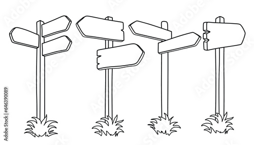 Hand drawn road direction sign set. set of wooden signs doodle on a white background.