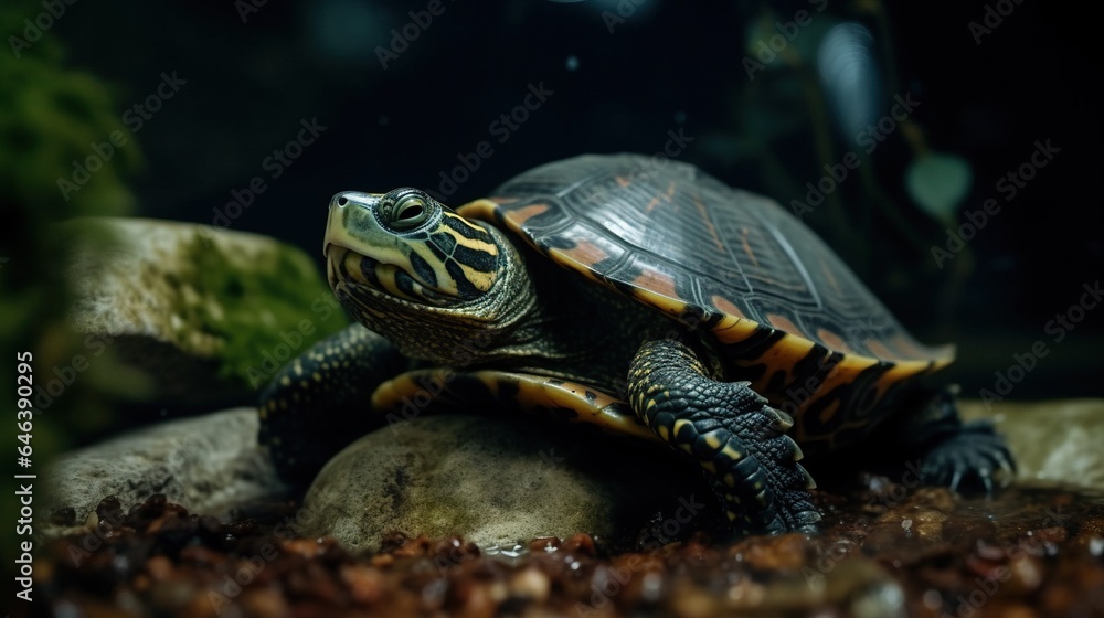Joyful Turtle Soaks in Sunshine, Basking on Rock in Aquarium Oasis Joyful Turtle Soaks in Sunshine, Basking on Rock in Aquarium Oasis