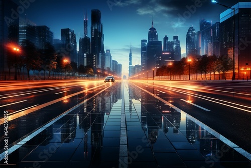 Blue tinged city road illuminated by mesmerizing vehicle light trails photo