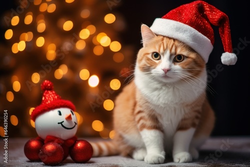 red cat in a red New Year's hat and a snowman. Christmas tree in the background © Aksana