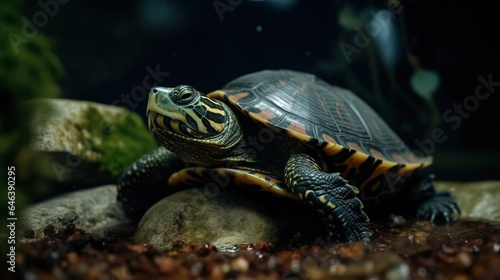 Joyful Turtle Soaks in Sunshine, Basking on Rock in Aquarium Oasis