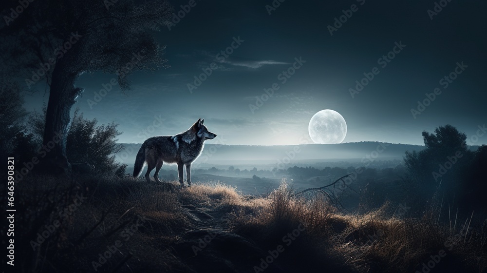 Majestic Wolf Howls Beneath the Moon's Glow, An Echo of Wilderness Song - obrazy, fototapety, plakaty 