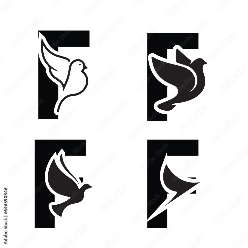 Initials Logo Design Alphabet Letter F & Dove Logo Design Concept Initials Logo Design Alphabet Letter F & Dove Logo Design Concept