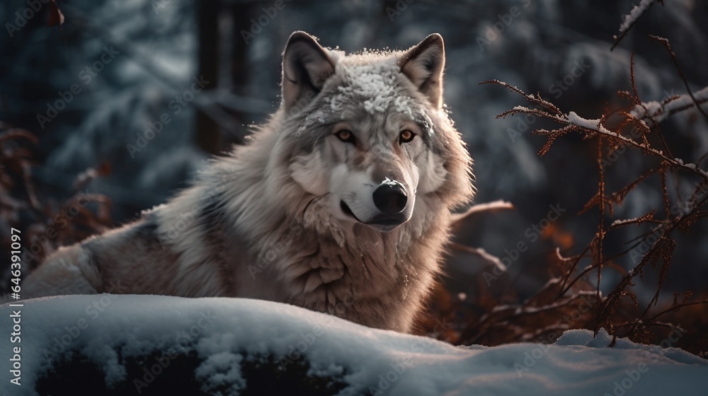 Obraz premium Majestic Wolf Roams Snowy Forest, A Captivating Glimpse of Wilderness Grace