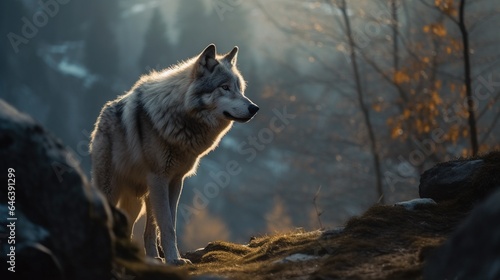 Majestic Wolf Surveys Mountainous Terrain  A Glimpse of Alpine Majesty