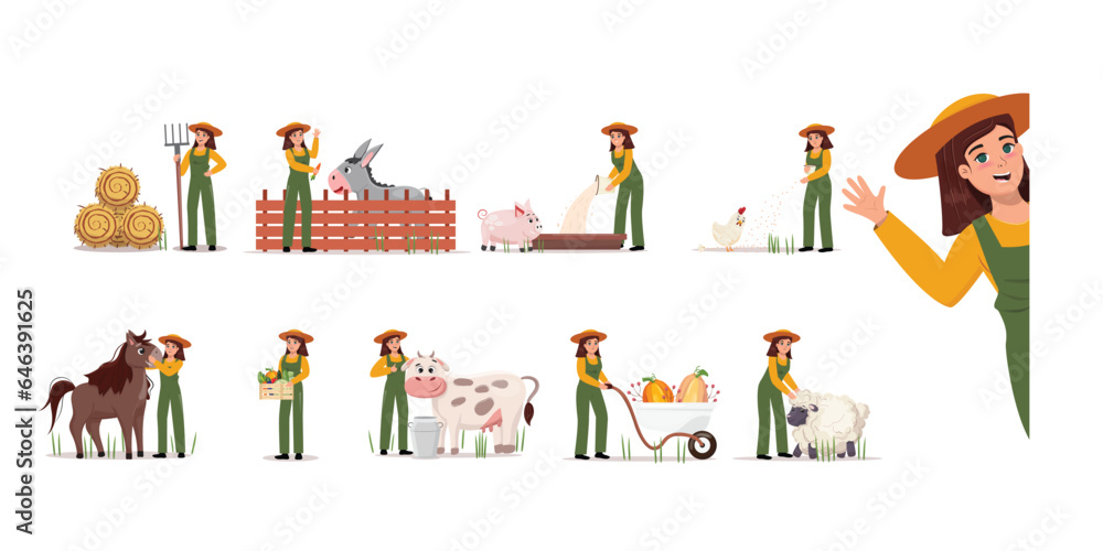 Illustrations of a pretty female farmer wearing a overall and doing farmland work. Farm, garden, livestock, harvesting concept illustration Illustrations of a pretty female farmer wearing a overall and doing farmland work. Farm, garden, livestock, harvesting concept illustration