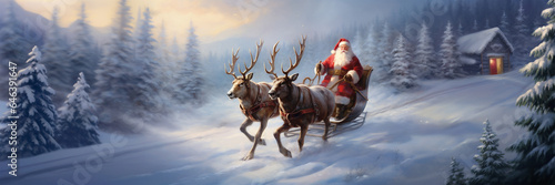 Santa Claus in a sleigh with reindeers, panoramic mountain landscape with a cabin and trees covered with snow, vintage style Christmas web banner © Delphotostock