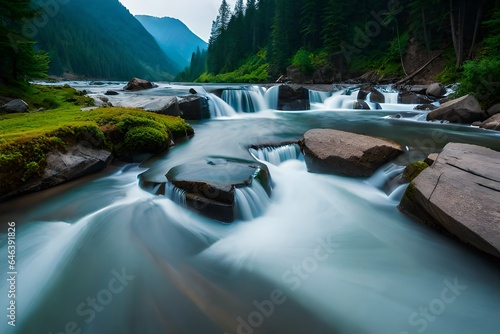 waterfall on the river and beautiful mountain on background