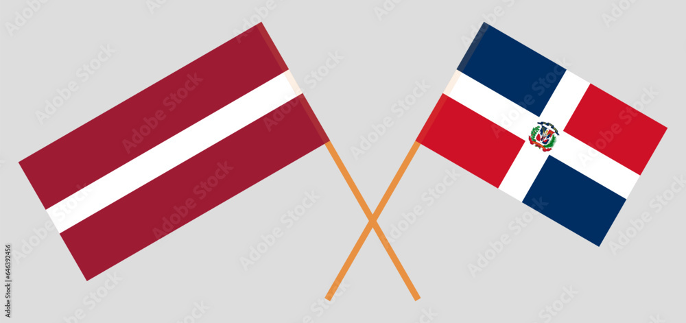 Crossed flags of Latvia and Dominican Republic. Official colors. Correct proportion