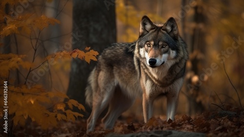 Vibrant Wolf Roams Colorful Autumn Forest, A Glimpse of Seasonal Majesty