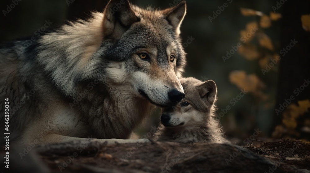 Wolf Parent and Pups Embrace in Untamed Unity, A Glimpse of Family Bond
