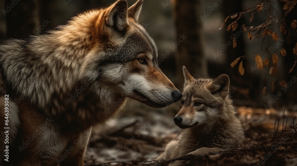 Fototapeta premium Wolf Parent and Pups Embrace in Untamed Unity, A Glimpse of Family Bond