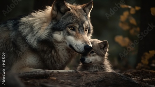 Wolf Parent and Pups Embrace in Untamed Unity  A Glimpse of Family Bond
