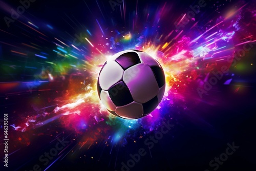 Rotating soccer ball under vibrant spotlights. Generative AI