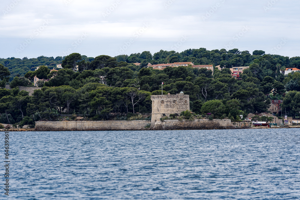Fortification at bay of Mediterranean Sea at City of Toulon on a cloudy late spring day. Photo taken June 9th, 2023, Toulon, France.