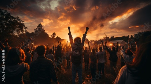young people standing with hands raised in the air during sunset in the style of captivating documentary photo © RWC