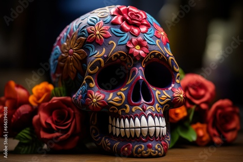 Decorated sugar skull for Day of the Dead. Generative AI
