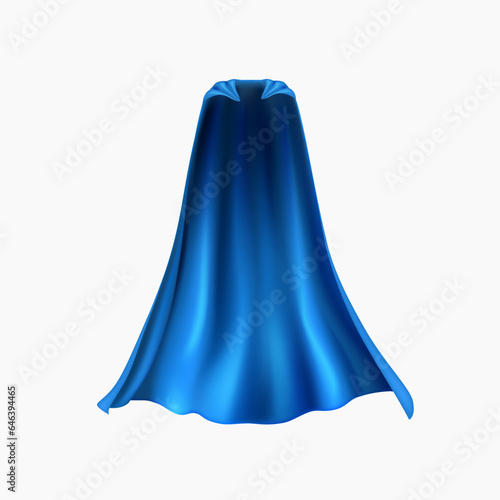 Cape isolated on white background. 3d blue superhero cloak. Vector silk flying super hero clothes, halloween children costume, satin theatre cloth or mantle