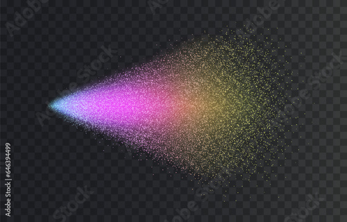 Spray effect, colorful dust stream, soap water mist atomizer isolated on transparent background. Vector 3d rainbow paint particles motion, Holi spatter texture element