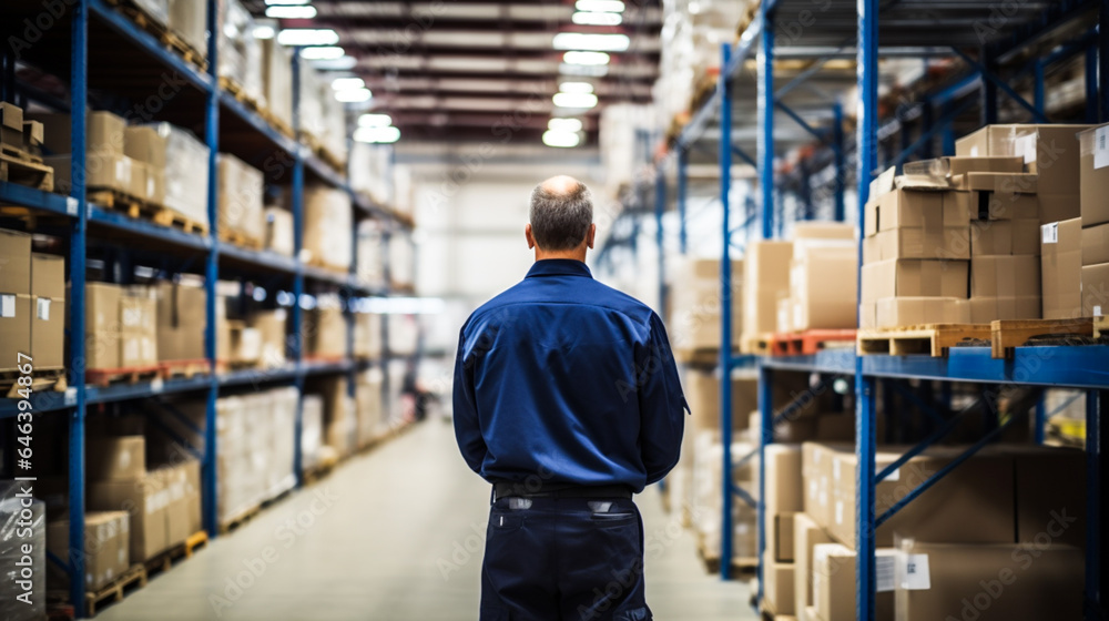 Warehouse supervisor checking cargo stock in a storage warehouse.