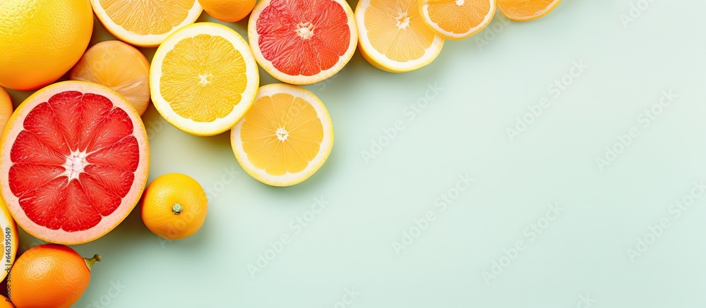Citrus fruits on a isolated pastel background Copy space macro closeup Citrus fruits on a isolated pastel background Copy space macro closeup