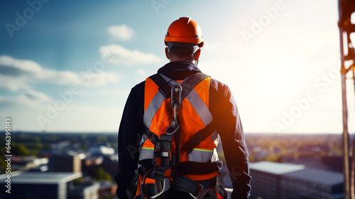 A back shot of a male worker in a safety harness working at height with a blurred background.