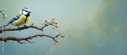 Blue tit perched on branch isolated pastel background Copy space