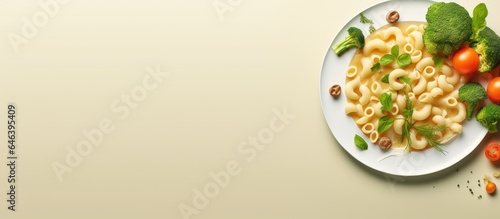 Classic Bavarian white sausage dish presented with veggies on dark dish isolated pastel background Copy space