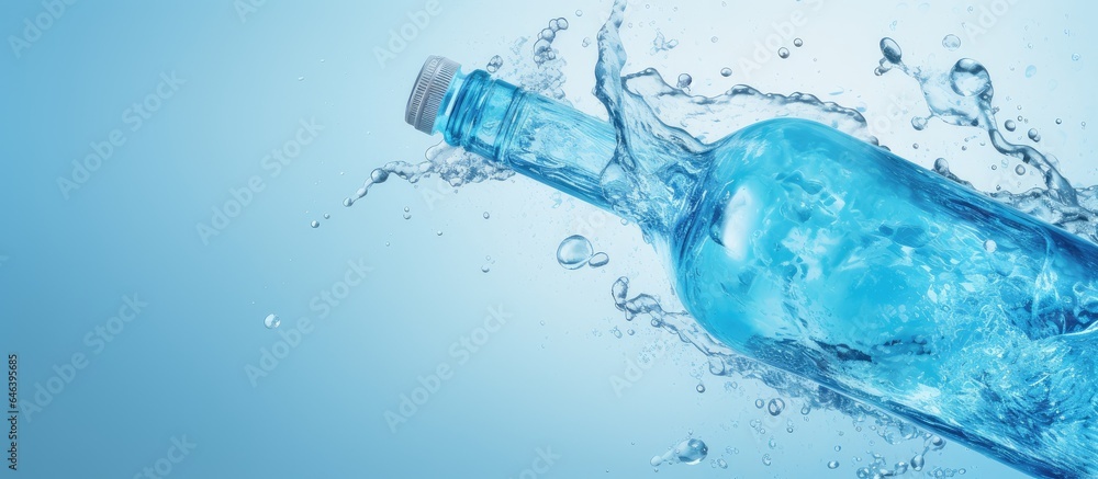 Blue water splashing on a black bottle isolated pastel background Copy space Blue water splashing on a black bottle isolated pastel background Copy space