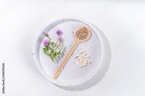 Wallpaper Mural Milk Thistle supplies, powder and oil. Silybum marianum, natural organic wild flower superfood product - whole and grain seeds, pills, oil with fresh thistle flowers Torontodigital.ca