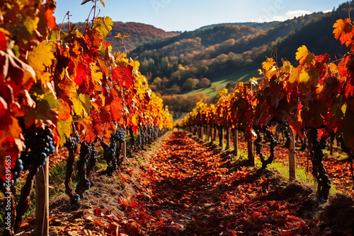 autumn hillside vineyard full of fallen coloured leaves . AI generative.