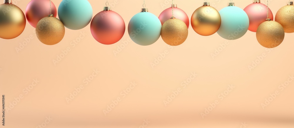 Christmas tree adorned with New Year ornament baubles isolated pastel background Copy space