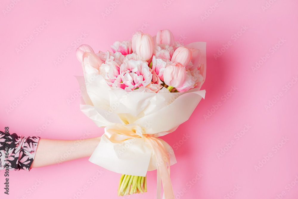 Bouquet of pink tulips in hand on a pink background, fresh gift. Bouquet of pink tulips in hand on a pink background, fresh gift.
