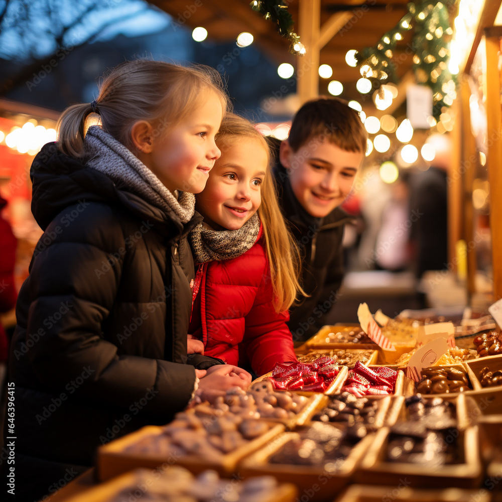 Children looking at sweets at the Christmas market. AI generative.