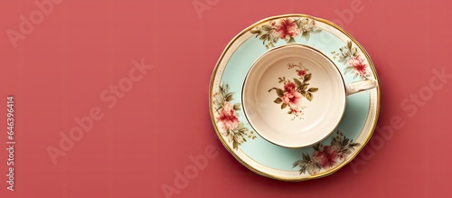 Antique tea cup with gold trim on a isolated pastel background Copy space Vintage dishware