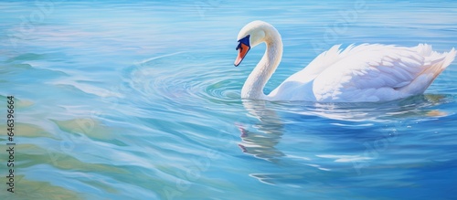 A white swan swimming with seagulls nearby isolated pastel background Copy space