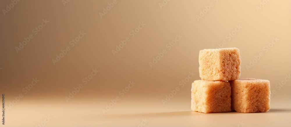 Caramelized brown sugar cube on a isolated pastel background Copy space