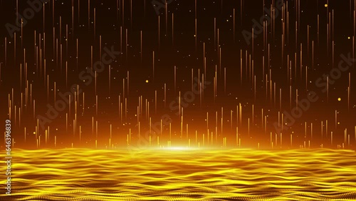 Close up of Golden Shining Sparkles Raising from Bright Dusting Surface on Dark Background making Rain in Mmagic Copyspace. Futuristic Glittering Movement. Abstract Background. Amimation 4K photo