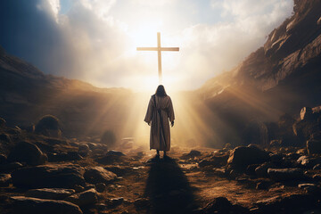 Jesus Christ standing at the entrance to the tomb. AI generative.