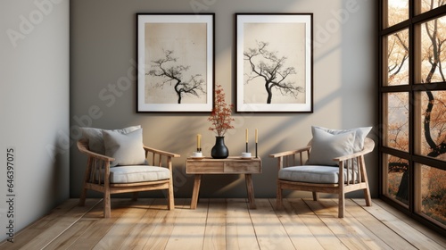 two framed pictures on the side of wooden chairs in the style of minimalistic modern architecture 