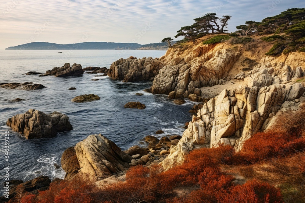 Rocky shore along Monterey Bay in California. Generative AI