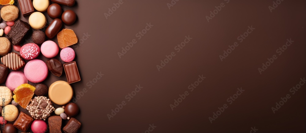 Close up of various chocolate candies isolated pastel background Copy space